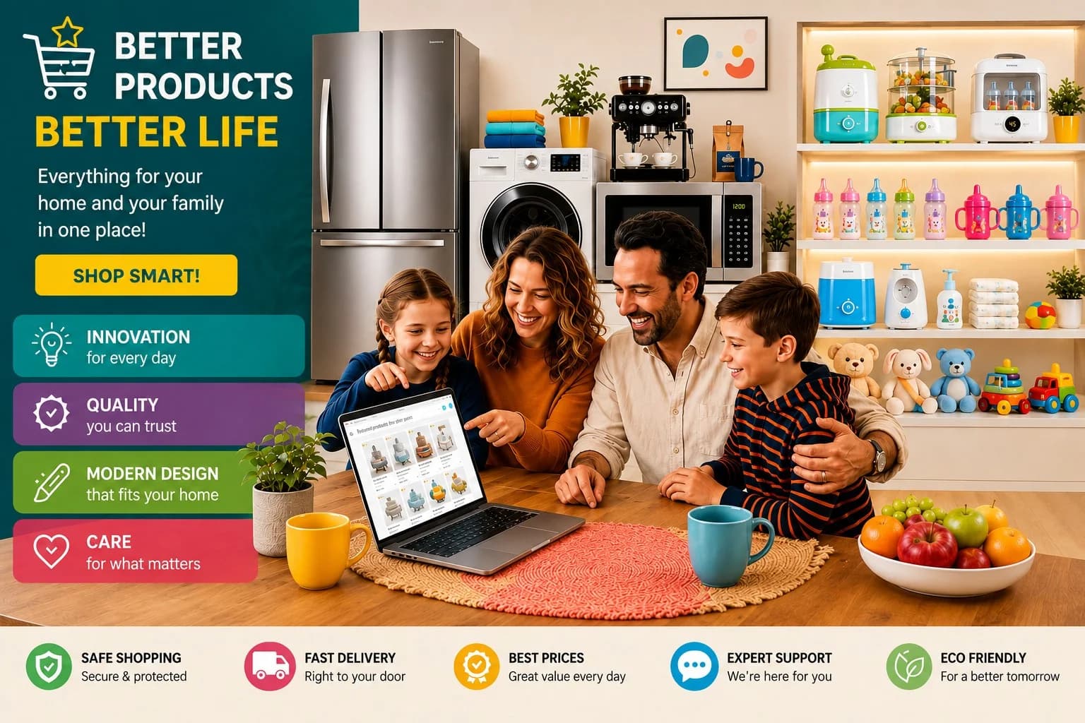 Happy family shopping for home appliances online
