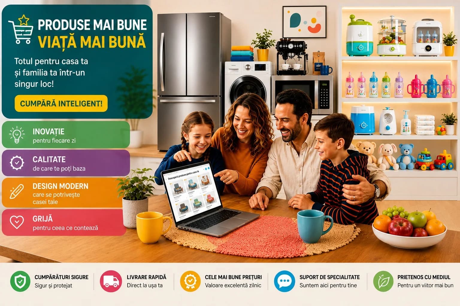 O familie fericită cumpără electrocasnice online, acasă