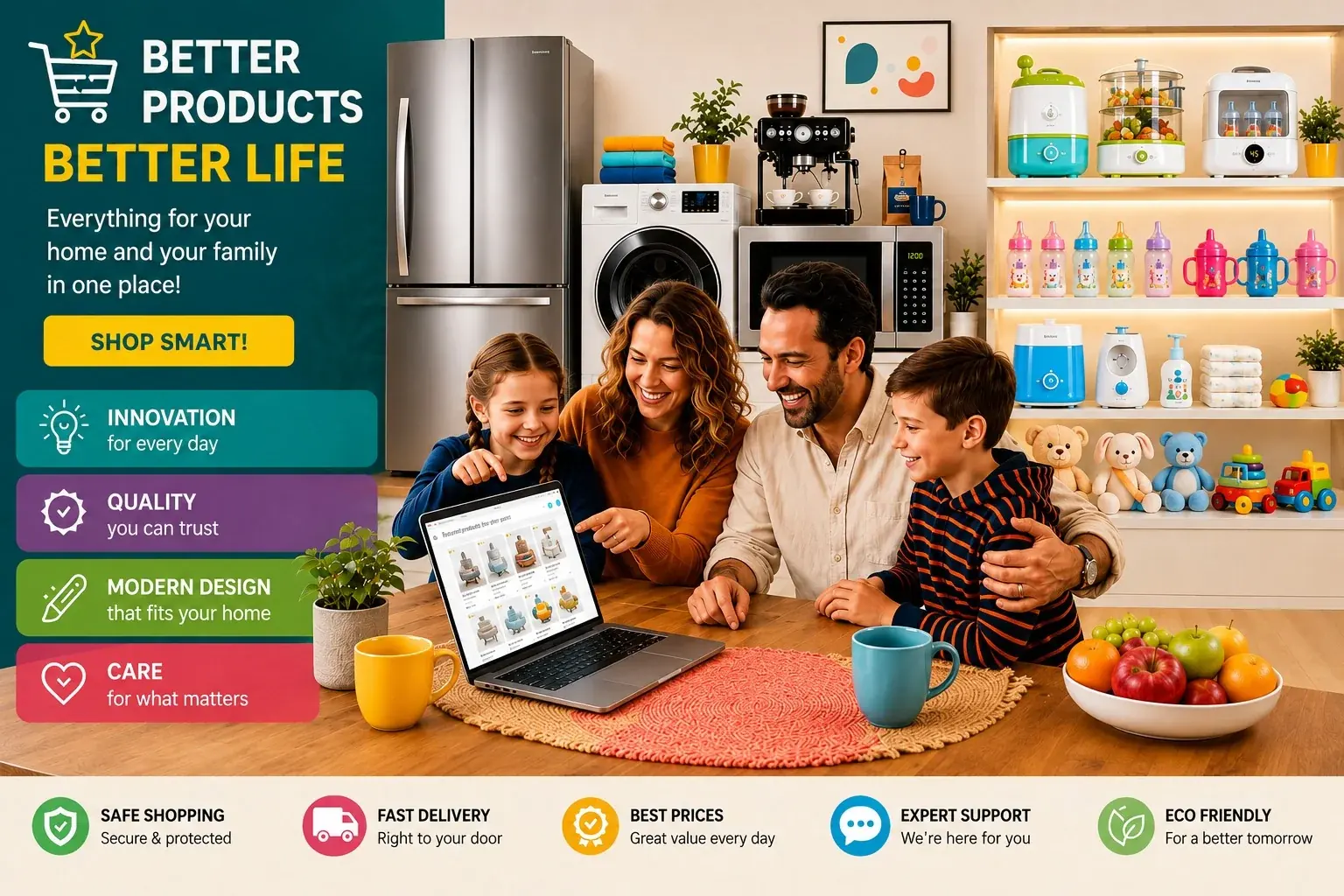 Happy family shopping for home appliances online